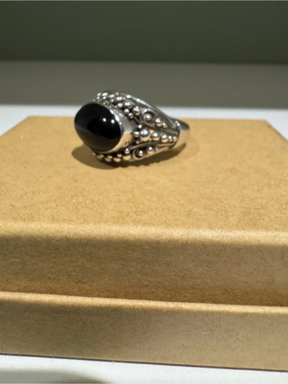 Vintage Balinese Black Onyx Cabochon Sterling Silver Ring